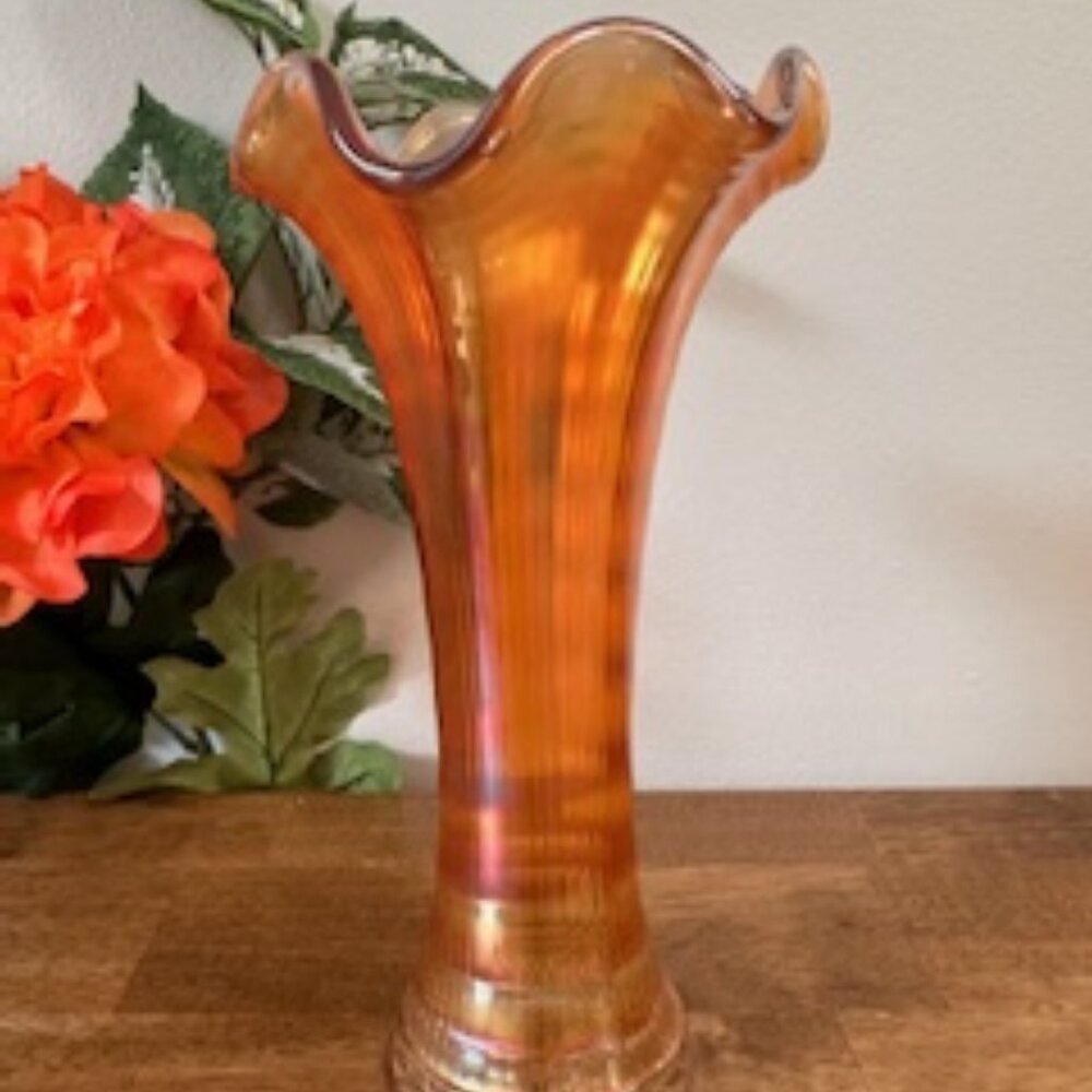 Imperial Glass Ripple Swung Vase Marigold Carnival Vintage MCM Iridescent Fluted